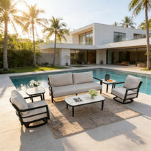 Hassyee Outdoor Conversation Set with Fully Weld Swivel Club Chairs and Marble-Inspired Sintered Stone Table for Poolside, Patio Furniture Set with Aluminum Frame for Lawn (6 PCS Set)