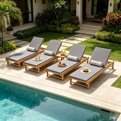Patio Acacia Wood Chaise Lounge Set of 4, Outdoor Folding Chair Recliner