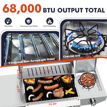 Llamaviva 5 Burner Propane Gas Grill with Side Burner,Stainless Steel BBQ Grill with Porcelain-Enameled Cast Iron Grates, 68000 BTU Cabinet-Style Cart Design for Outdoor Patio Barbecue- food clip