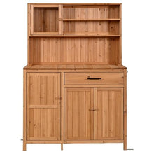 GDFStudio Elford Outdoor Storage Bench Table with Cabinet, Patio Wooden Potting Bench, Garden Storage Work Bench with Drawer, Cabinets, Adjustable Shelves, Hook and Countertop, Kitchen Island, Natural