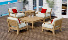 WholesaleTeakFurniture Atnas 6 Piece Teak Wood Lounge Chair Set: 4 Lounge Chairs, Square Coffee Table & Side Table with Cushions in Outdoor Sunbrella Fabric #5404 Canvas Natural
