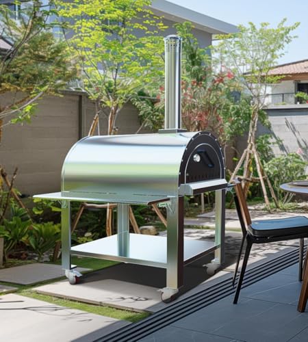 2-Layer Pizza Oven for Outdoor, Stainless Steel Vertical Charcoal & Pellet Maker Excellent Insulation Pizza Oven with 4 Wheels – Ideal for Backyard, Patio, Outdoor Kitchen, 32x32x80 INCH