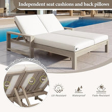 Merax Outdoor Double Lounge Chair with 5-Position Adjustable Backrest for Each Seat, Wood Patio Chaise Lounge with Armrests & Removable Cushions for Patio Poolside Garden, All-Weather, Grey