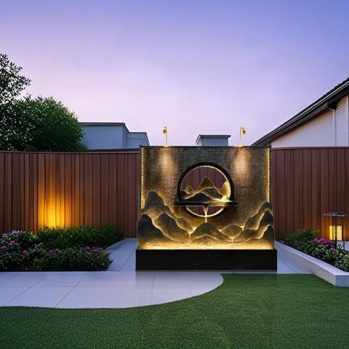 Luxury Rockery Wall Fountain – Black & Gold Mountain Scene with LED Lights, Indoor/Outdoor Cascading Fountain Water Curtain Wall Floor-Standing Decor(335 Black Gold)