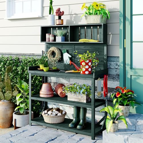 Roomfitters 65" Farmhouse Outdoor Potting Bench Table with 4 Storage Shelves and Side Hook, Forest Green