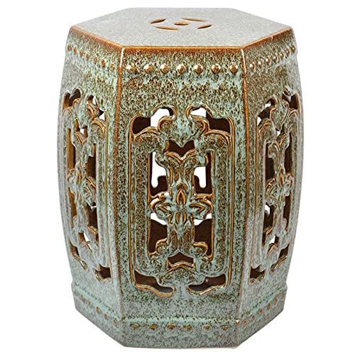 Ceramic Drum Table,Ceramic Drum Stool,Decorative Ceramic Garden Stool, Kiln Green Six-Sided Hollow Shoe Changing Stool Drum Stool, Suitable for Outdoor Garden,