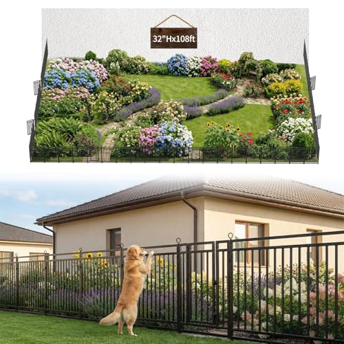 Decorative Garden Fence Metal Dog Fence Outdoor, 32in (H) x 108ft (L), 42 Panels + 6 Gates, Heavy Duty Garden Fencing Animal Barrier for Patio & Flower Bed, Black-Silver