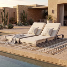 Merax Double Chaise Lounge Chair Outdoor, 4-Position Adjustable Backrest & Headrest for Each Seat, Modern 79" Acacia Wood Pool Lounge with 4-Fold Cushions for Patio Garden Beach, Beige+Light White