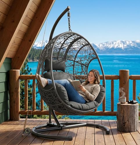 42 Inch Hanging Egg Chair with Stand, 400lb Capacity Outdoor Swing Chair with 8 Inch Thick Cushion and Waterproof Cover, Heavy Duty U-Base Hammock Chair for Patio Garden Balcony, Natural PE Rattan