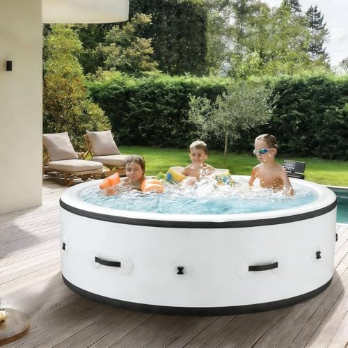 Inflatable Blow Up Hot Tub With LED Lights, 81.1" X 27.9" Round 455 Gallon Spa For 4–6 Users, Leak-Proof PVC Outdoor Model, 150 Air Jets & 3-Speed Surf Jets, Heating Pump Plus Thermal Insulated Cover