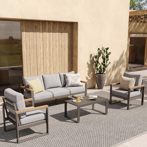 Sundale Outdoor Aluminum Patio Furniture Set, 4 Piece Modern Sectional with 6 Inch Cushion Grey