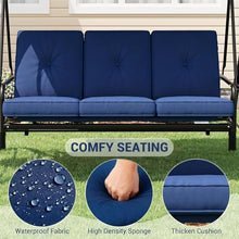 FinerFurnis Adjustable Canopy & Convertible Bed – 3-Seat Outdoor Patio Swing Chair – Thick Cushions, Built-in Cup Holders & Tray, Weather-Resistant Steel Frame, Sturdy for Backyard or Porch – Navy