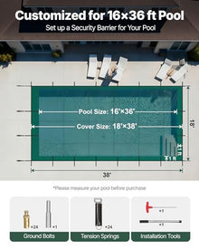 VEVOR Pool Safety Cover, 16 ft x 36 ft Rectangular Winter Inground Pool Cover, Triple Stitched, High Strength Mesh PP Material, Good Rain Permeability, Installation Hardware Included