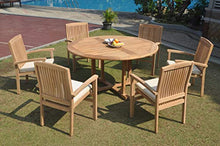TeakStation 6 Seater Grade-A Teak Wood 7 Pc Dining Set: 60" Round Table and 6 Wave Stacking Arm Chairs #TSDSWV23
