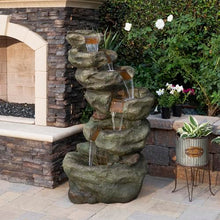 Alpine Corporation 48" Tall Multi-Tier Rock Waterfall Fountain with Cool White LED Lights, Outdoor Water Feature for Backyard, Patio & Garden Decor, Gray