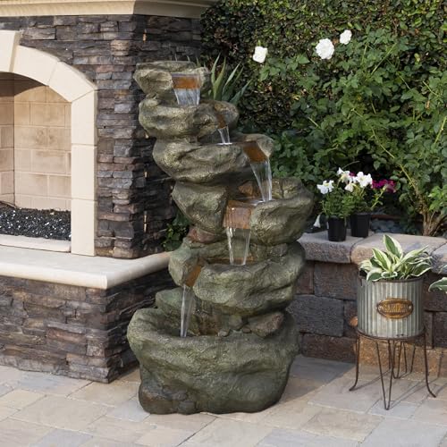 Alpine Corporation 48" Tall Multi-Tier Rock Waterfall Fountain with Cool White LED Lights, Outdoor Water Feature for Backyard, Patio & Garden Decor, Gray