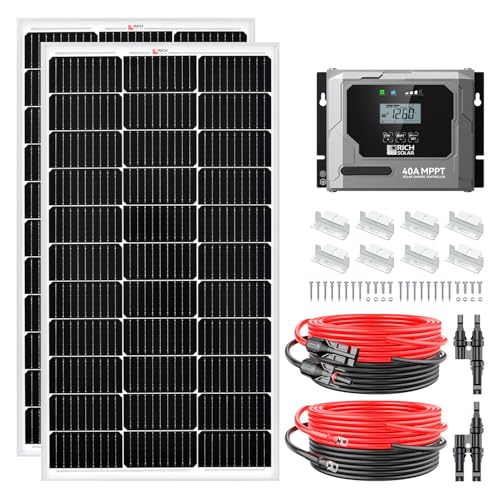 RICH SOLAR 200 Watt 12 Volt Monocrystalline Solar Starter 40A MPPT Charge Controller/Mounting Z Brackets/Tray Cable/Adaptor Kit(MPPT-40A)