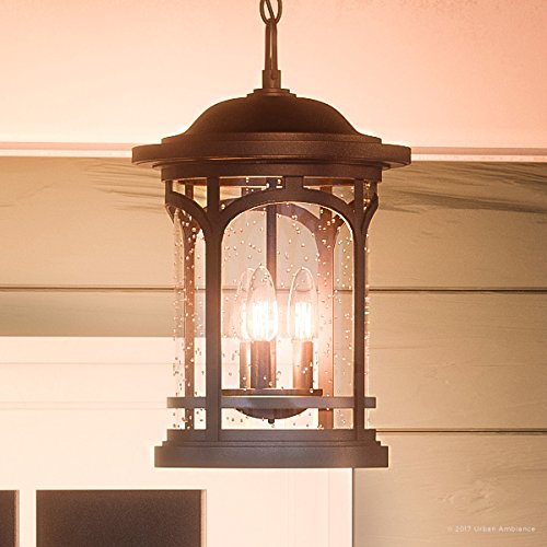 Urban Ambiance Luxury Rustic Outdoor Pendant Light, Large Size: 18" H x 11" W, with Colonial Style Elements, Wrought Iron Design, Oil Rubbed Parisian Bronze Finish and Seeded Glass, UQL1109
