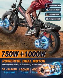 W Wallke Folding Electric Bike for Adults, 1750W Dual Motor, 48V 40Ah Long Range Ebike 20" Fat Tire Gray