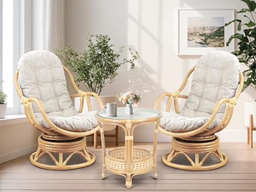 Wickerix Set of 2 Bali Lounge Swivel Rocking Chairs with Cream Cushion and Pelangi Round Coffee Table Natural Rattan Wicker Handmade, Natural Color