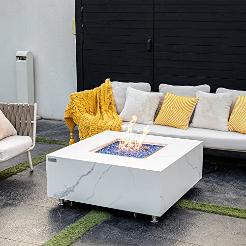 Bianco Marble Fire Pit 39.4" x 39.4" Outdoor Patio Firepit Includes Fire Glass Modern Fire Pits & Outdoor Fireplaces for Garden, Deck, Indoor & Outdoor Heating