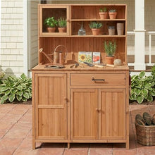 GDFStudio Elford Outdoor Storage Bench Table with Cabinet, Patio Wooden Potting Bench, Garden Storage Work Bench with Drawer, Cabinets, Adjustable Shelves, Hook and Countertop, Kitchen Island, Natural
