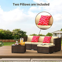 Qsun 5-Piece Patio Furniture Set Outdoor Couch with Glass Coffee Table and Two Pillows, Outdoor Sectional Conversation Set (Brown Rattan, Beige Cushion)