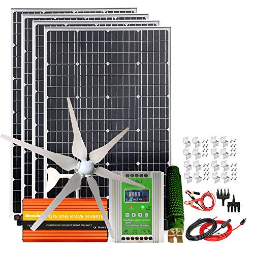 880W Solar Panel Wind Turbine Generator Kit 12V/24V: 4pcs 120W Monocrystalline Solar Panel,400W Wind Turbine Generator,Hybrid MPPT Charge Controller & 1000W Inverter & Brackets