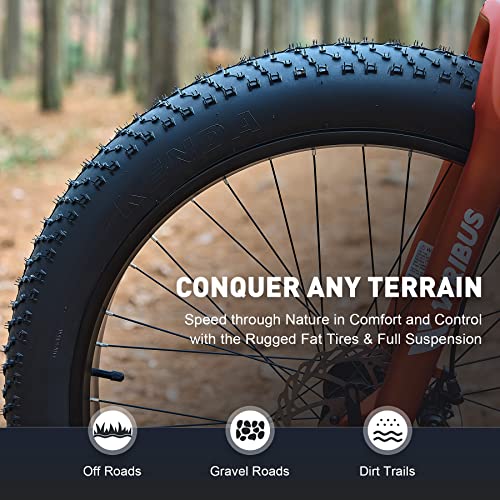 Viribus Fat Tire Bike Mens Mountain Bike Full Suspension Shimano 21 Speed Aluminium Alloy Frame 26" MTB Adult Bike Orange