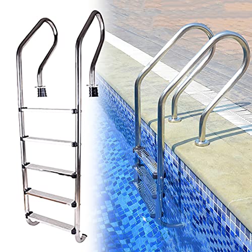Stainless Steel Swimming Pool Handrail Swimming Pool Ladder, Inground 5 Step Non-Slip Ladder, Heavy Duty Non-Slip Ladder, Complete Accessories, Easy Assembly, Weight Capacity 440lbs, Silver