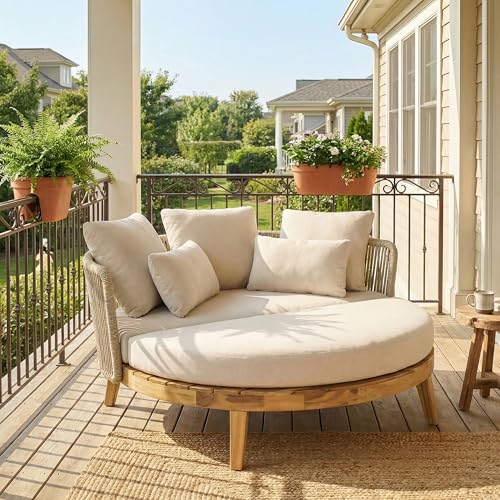 Christopher Knight Home Martin Acacia Wood Round Outdoor Daybed with Cushion, Solid Wood Patio Round Daybed with Rope Woven Accent, Patio Outdoor Sofa Bed, Teak+Beige