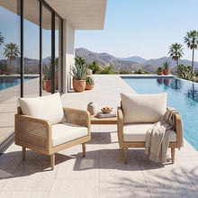 Christopher Knight Home Andy Patio Acacia Wood Club Chairs Set of 2, Comfy Lounge Chair Outdoor with Rattan-Woven Armrests, Patio Armchairs with Cushions for Backyard, Light Teak+Light Brown+Cream
