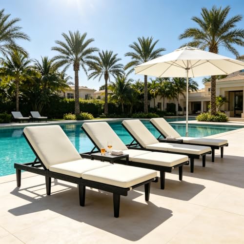 Christopher Knight Home Liza Set of 4 Acacia Wood Chaise Lounge Chair Outdoor with Removable Cushion, Patio Chaise Lounge with Adjustable Backrest, Recliner Chair for Poolside/Backyard, Beige+Black