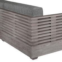 Armen Living Vivid Outdoor Patio Sofa in Gray Eucalyptus Wood with Gray Olefin Cushions