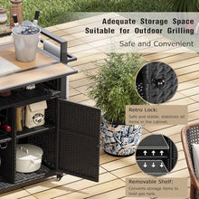 Doredo Wicker Outdoor Grill Cart with Extended Wood-Plastic Table Top, Outdoor Grill Table for Food Prep, Kitchen Island on Wheels with Storage Cabinet for Patio Backyard Garden Poolside, Black