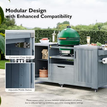 K&K Outdoor Kitchen Island, Grill Cart for Big Green Egg, Solid Wood Tabletop Grill Station with Stainless Steel Top, Patio BBQ Storage, Outdoor Cooking, Compatible with Kamado Joe, Grey Blue Finish