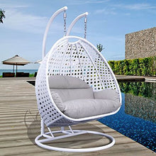 LeisureMod 2 Person Hanging Double Swing Chair, X-Large White Wicker Rattan Egg Chair with Stand and Cushion for Indoor Outdoor Patio Garden, Taupe