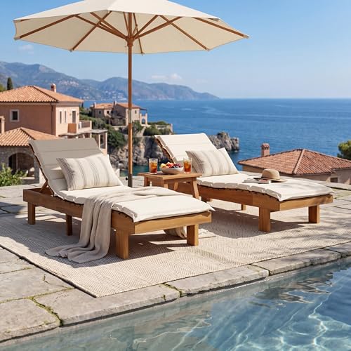Merax Patio Chaise Lounge Chair with Water-Resistant Cushion Set of 2, 77'' Acacia Wood Adjustable Reclining Chaise with 3-Positions Backrest, Outdoor Sun Lounger for Poolside, Deck, Teak+ Beige