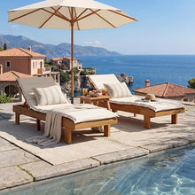 Merax Patio Chaise Lounge Chair with Water-Resistant Cushion Set of 2, 77'' Acacia Wood Adjustable Reclining Chaise with 3-Positions Backrest, Outdoor Sun Lounger for Poolside, Deck, Teak+ Beige