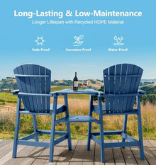 PASAMIC Tall Adirondack Chairs Set of 8, All-Weather HDPE Patio Chairs with Double Connecting Trays, Bar Height Heavy-Duty Outdoor Chairs for Garden, Backyard, Balcony, Blue