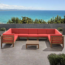 Great Deal Furniture GDFStudio Outdoor 9 Seater Acacia Wood Sectional Sofa Set, Teak Finish and Red