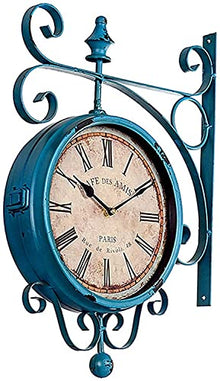 saditesdk Wall Clock, Blue Double Sided Station Clock Outdoor Garden Clock Weatherproof Outdoor, 360 ° Rotation Wrought Iron Retro Wall Clock Decoration Outdoor Garden Clocks for Indoor Outdoor，B