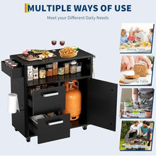 LIZHOUMIL Grill Table, Outdoor Bar Cart Grill Cart with Storage Cabinet, Kitchen Cart Island Multifunction Food Prep Table Stainless Steel Surface, Outside BBQ Backyard Include Hooks Spice Rack