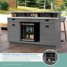 Suncast Pre-Assembled Backyard Oasis Entertainment Bar with Pull-Out Drawers and Shelving Space, All-Weather Outdoor Food and Bar Unit with Faux Marble Finish