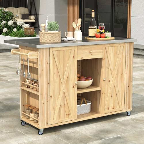 Merax XL Outdoor Table with Stainless Steel Top for Kitchen Prep and Storage Cabinet for Grilling Accessories, Outdoor Kitchen Island Grill Cart with Towel and Spice Racks & a Bottle Opener, Natural