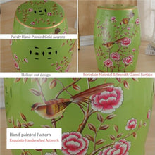 Green Decorative Ceramic Garden Stool, Bird & Flower Ceramic Drum Stool