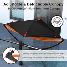 Portable Outdoor Hammock with Sturdy Folding Stand, Adjustable Canopy Shade, and Carry Bag for Backyard, Camping, Beach, or Garden Use (Black + Aluminium Alloy + Nylon + Steel)