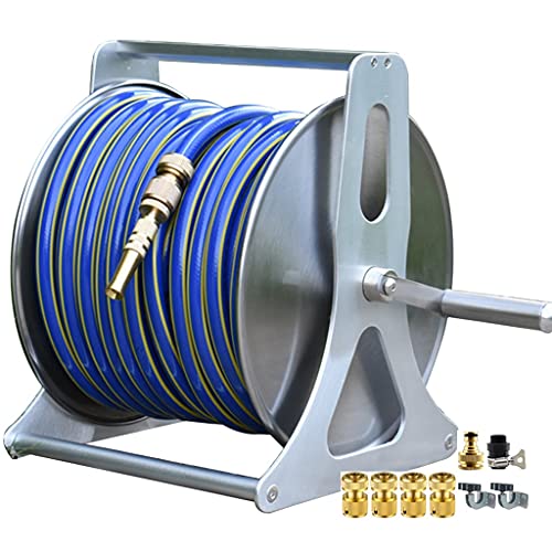 JKSVTF Garden Hose Reel Cart,Household Stainless Steel Car Wash Water Pipe Truck, Gardening Watering Pipe Storage Rack, Copper Water Gun + Water Pipe (Silver with 20m Hose)