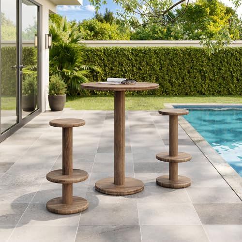 Modway Neo Round Wood Patio Bar Table and Stools Set in Cocoa Brown - 3-Piece Indoor/Outdoor Modern High Top Bar Set for Patio Or Kitchen