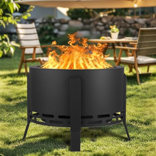 26" Smokeless Fire Pit with Ash Tray Base, Wood Burning Firepit with Adjustable Foot Fire Poker, Smokeless Outdoor Fireplace with Dust Bag, Heavy Duty Steel for BBQ, Bonfire, Camping Stove